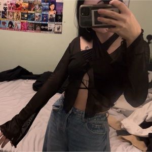 sheer long sleeve cropped flare shirt